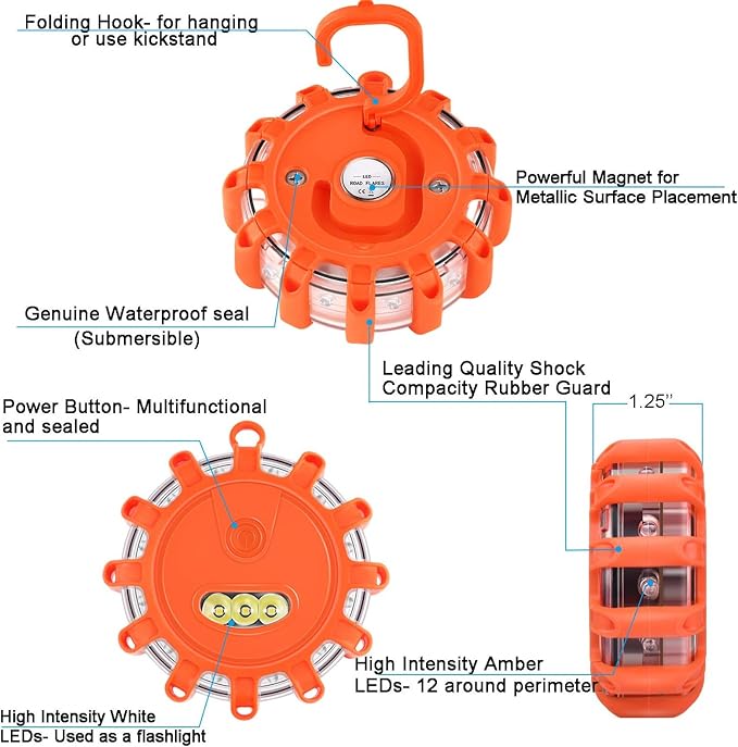 6 Pack LED Road Flares Emergency Lights, 9 Glow Modes Roadside Emergency Warning Car Safety Beacon Flashing Disc Flare Kit with Magnetic Base & Hook for Vehicles,Cars,Truck,Boat(NO Battery Included)
