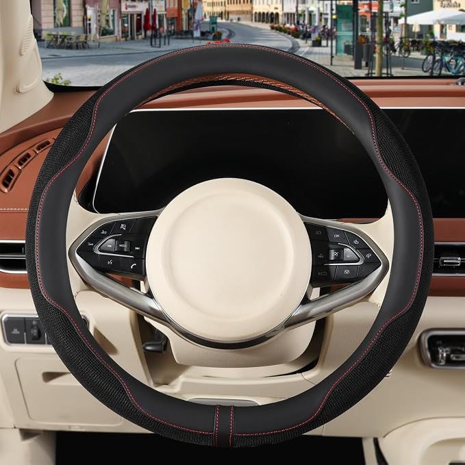 Nappa Leather Black Steering Wheel Cover Large 16 inch | Non-Slip Breathable Microfiber Leather and Ice Silk Fabric, Warm in Winter and Cool in Summer, 15.5 inch to 16 inch