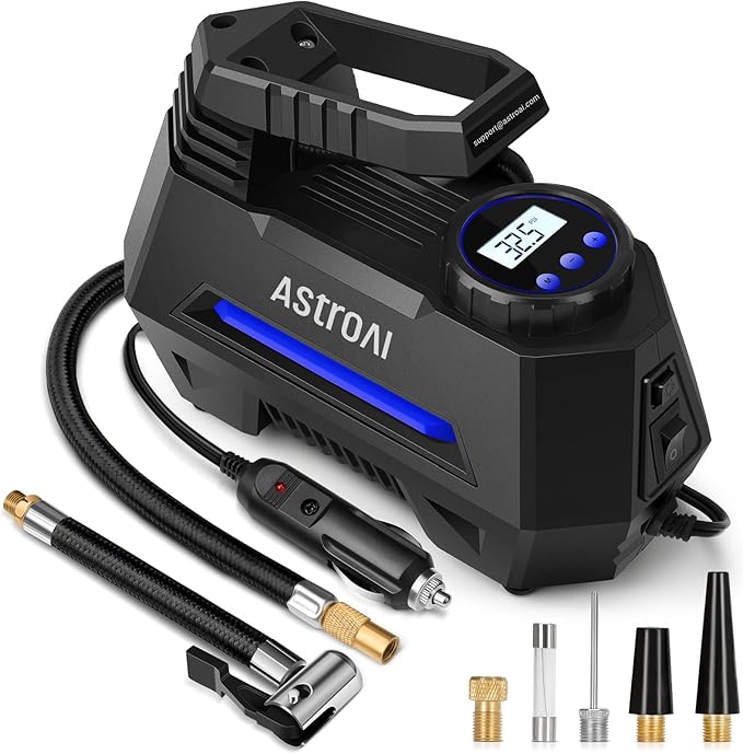 AstroAI AIRUN H Tire Inflator Portable Air Compressor,Fast Inflation Electric Air Pump for Car Tires-Car Accessories,9.8Ft Cord-12VDC-Powered Auto Shut-Off with Digital Pressure Gauge,LED Light,Blue