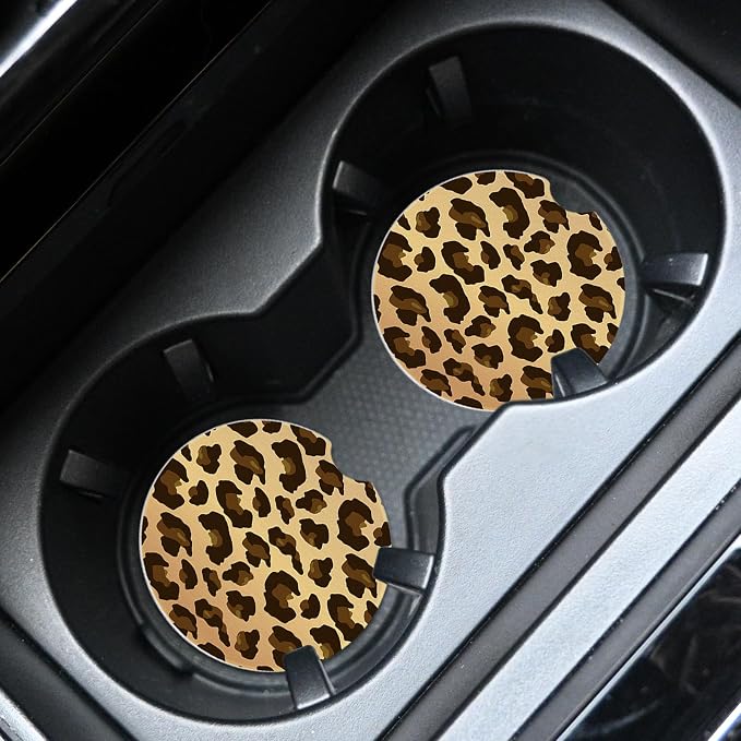 2pcs Cute Leopard Print Car Coasters,Absorbent Universal neoprener Cup Holder Coasters with a Finger Notch,Car Accessories for Women&Man Interior，2.75" 2