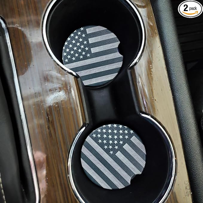 Craedli 2PCS American Flag Car Coasters for Cup Holders, 2.51" Absorbent Ceramic Anti-Slip Drink Insert Car Cup Holder Coaster with Finger Notch, Universal Auto Interior Accessory for Women Men (Gray)