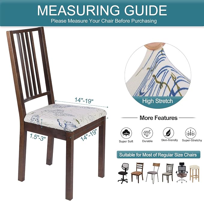 SearchI Seat Covers for Dining Room Chairs Stretch Printed Chair Seat Covers Set of 4, Removable Washable Upholstered Chair Seat Protector Cushion Slipcovers for Kitchen, Office(Butterfly Pattern)