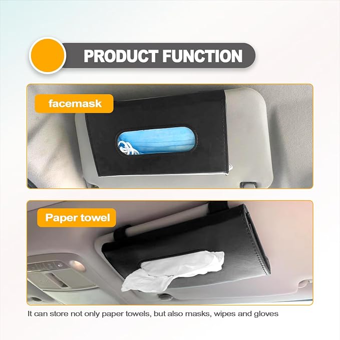 Premium PU Leather Car Tissue Holder Visor for Universal Auto, Car Tissue Case Holder Seat Back with Tissue Refill, Tissue Holder (Black)
