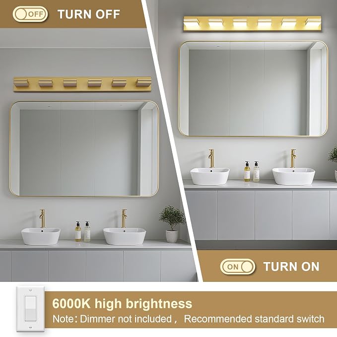Modern LED Bathroom Lights Fixtures 6-Light,Metal Gold Acrylic Wall Lighting,Vanity Lights for Bathroom Over Mirror 6000k 41in