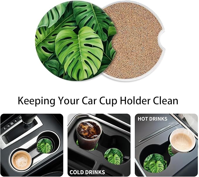 Cup Holder for Car,Tropical Leaf Pattern Ceramic Coasters Non-Slip Cup Holder Insert with Fingertip Grip, Auto Interior Accessories for Women & Men,Pack of 2, 2.56In