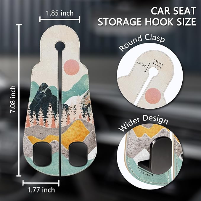 Blusabaca 2PCS Car Seat Back Storage Headrest Hooks, Sunrise Purse Holder Bags Hanger, PU Leather Double Metal Hook for Backseat Organizer, Women Car Accessories Organization