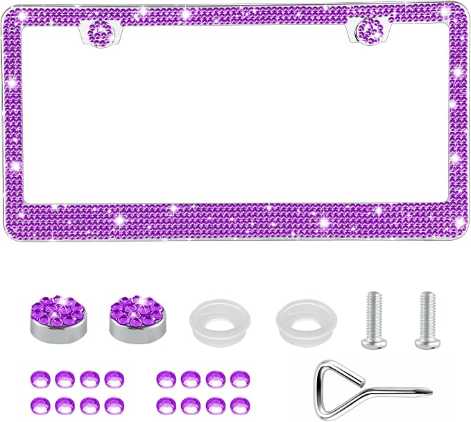 GaRhomxy Bling License Plate Frames for Women, 1 Pack Handcrafted Sparkly Rhinestone Car Accessories, Premium Stainless Steel Frame with 1000+ Faceted Glass Crystals & Free Glitter Caps (Purple)