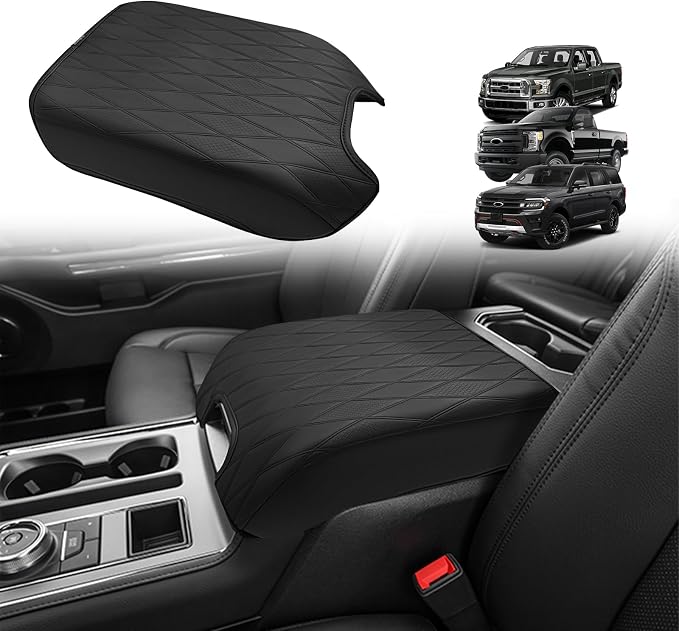 Muslogy Center Console Armrest Cover Fit for Ford F150 2015-2020&F250 F350 F450 2017-2022&Expedition 2018-2024 Accessories, Armrest Pad Console Lid Cushion Vegan Leather Regular Thick (Bucket Seat,V2)