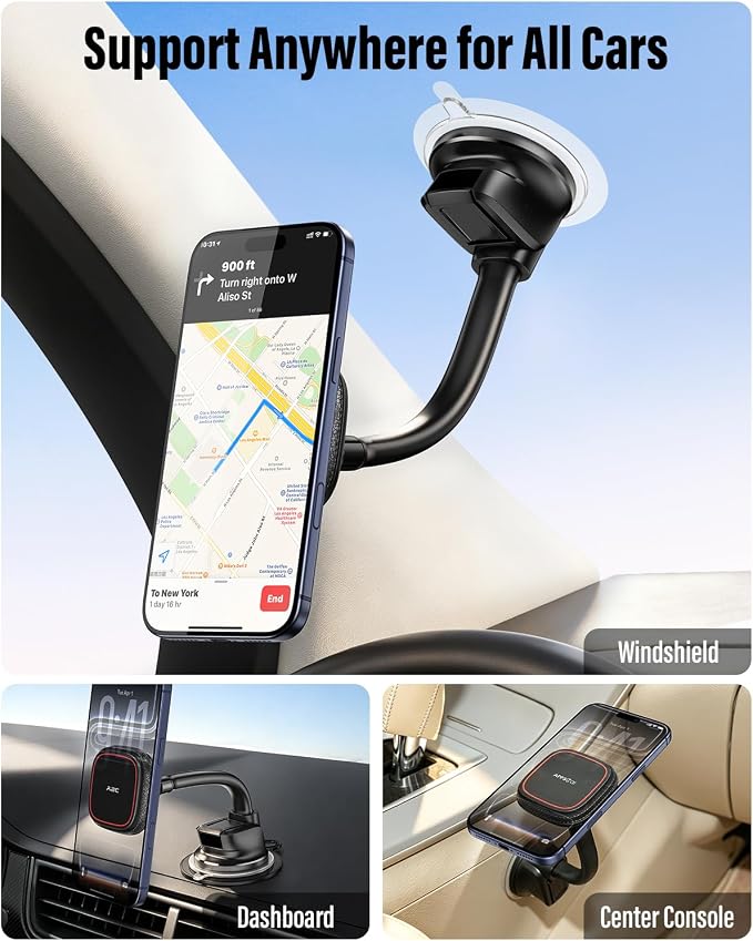 APPS2Car Upgraded for MagSafe Car Mount, Magnetic Car Phone Holder with Flexibile Gooseneck Arm, Suction Cup Holder for Windshield Window Dashboard, Fit for iPhones Smartphones