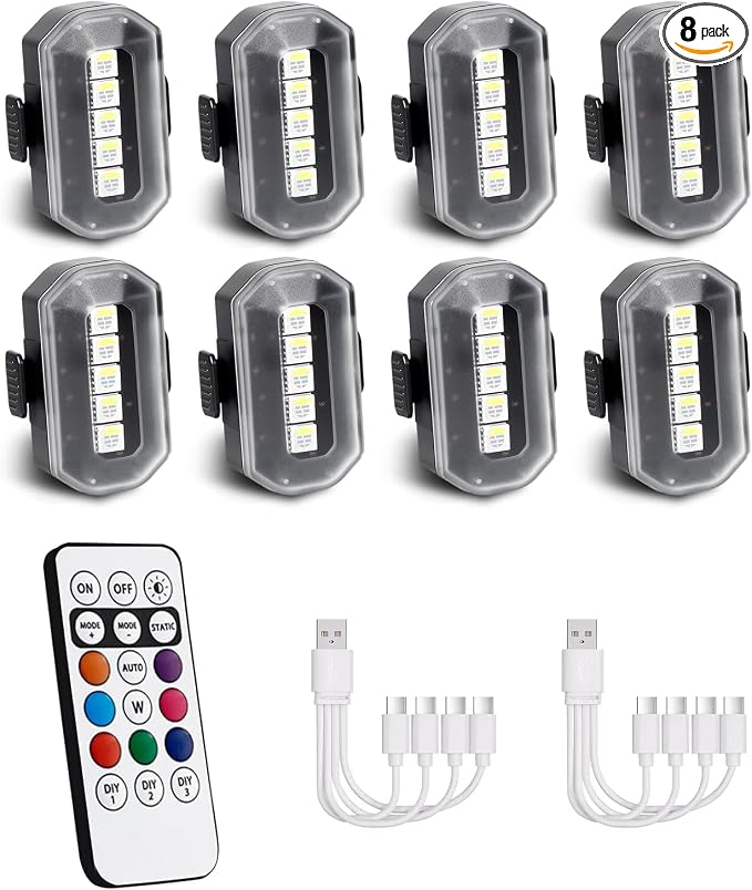 1797 Upgraded 5-LED Wireless Strobe Lights with Remote, RGB Exterior & Interior Ambient Lighting, 8 Colors & 5 Modes, USB-C Rechargeable, 8 PCS Waterproof Mini Lights for Car, Truck, Bike, Motorcycle