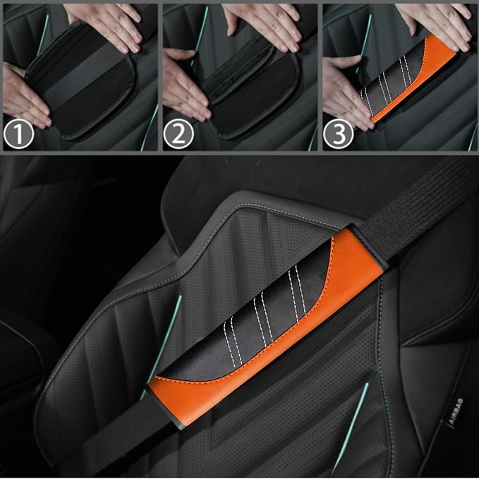 NBTEPEM 10 Pcs Car Floor Mats Full Set & Sport Leather Steering Wheel Cover 14.5-15 inch, Center Console Cover, Seat Belt Cushion, Cup Holder Coaster, Universal Automobile Interior Sets (Orange)