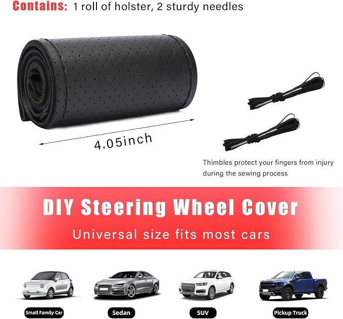 Augeny Genuine Leather Steering Wheel Cover, Breathable Anti-Slip Car Steering Wheel Protector Stitch on Wrap for Max Diameter 15 Inch, DIY Sewing with Needle Thread (Full Hole, Black)