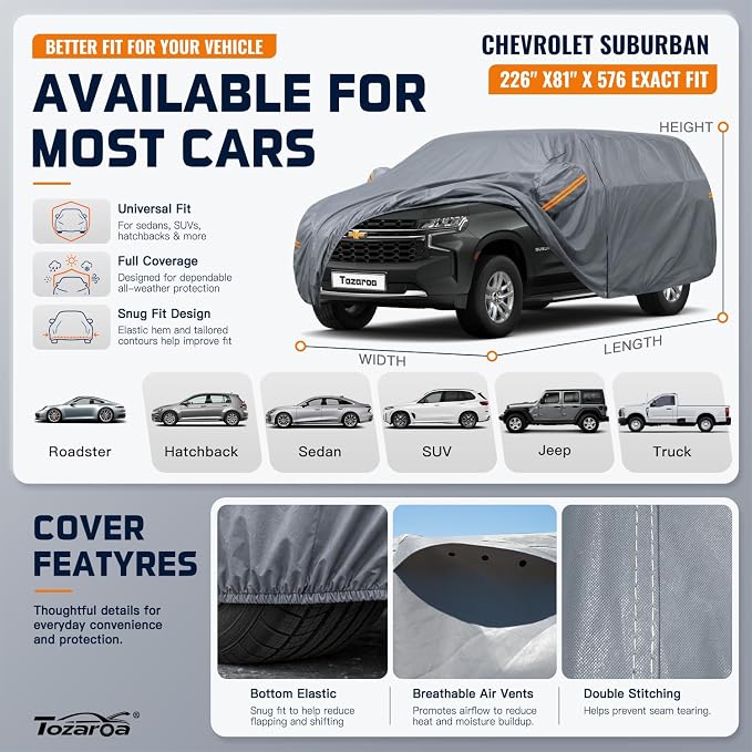 SUV Cover Waterproof All-Weather,Outdoor Full Exterior Car Covers Custom Fit for Chevrolet Express Suburban,Ford Excursion,GMC Yukon XL,Jeep Wagoneer,Grand Wagoneer,etc Size S5(See SizeChart)