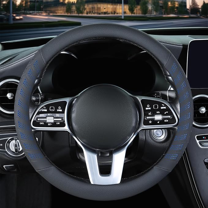 3D Slim Soft 15 inch Leather Steering Wheel Cover Black with Blue | Breathable Anti-Slip Premium Skin-Feel Perforated Thin Nappa Leather, Universal 14.5 inch to 15 inch