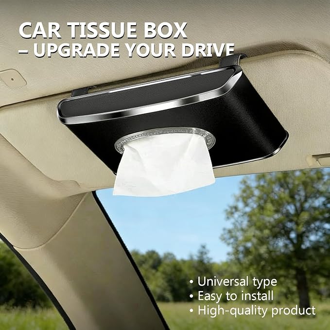 Faux Leather Car Tissue Box for Car Interior, Multi-Function Tissue Holder with Visor Clip, Armrest & Back Seat Napkin Organizer, Vehicle Tissue Dispenser Accessories (Black Hanging)