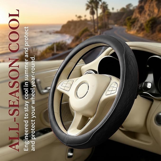 Car Steering Wheel Cover, Breathable Anti-Slip Vehicle Steering Wheel Protector with Inner Ring, Automotive Interior Protective Accessories, Universal for SUV RV Truck (Black)