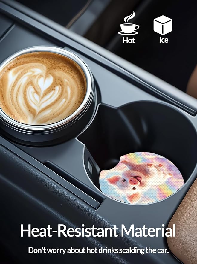 WOCOCN Cute Cup Holder Coasters for Your Car with Fingertip Grip, Auto Accessories for Women & Men,Pack of 2 (Cute Pigs)