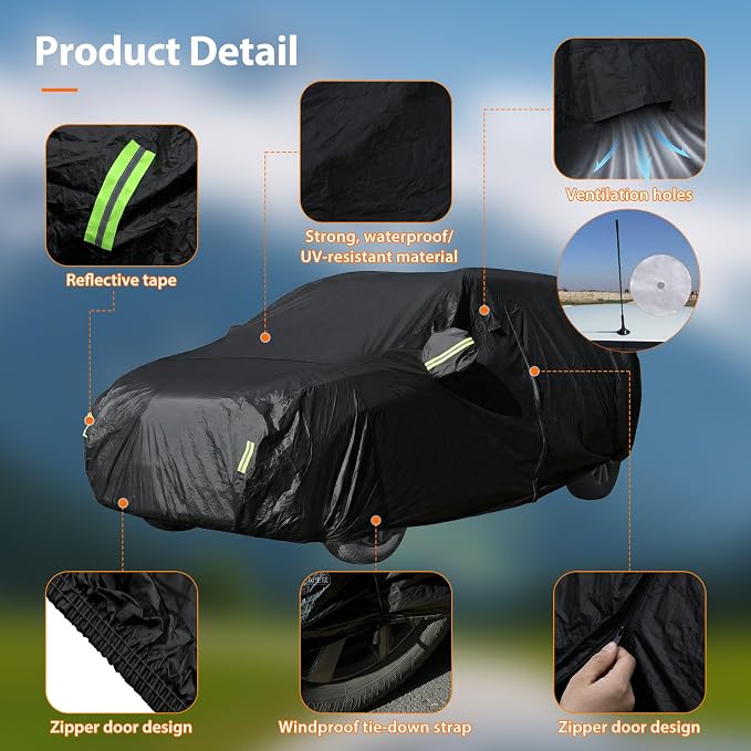 SUV Car Cover Waterproof All Weather, Full Exterior Outdoor Car Cover Up to 187 in with Door Zipper, Windproof Straps, UV Rain Snow Dust Protection (Black)