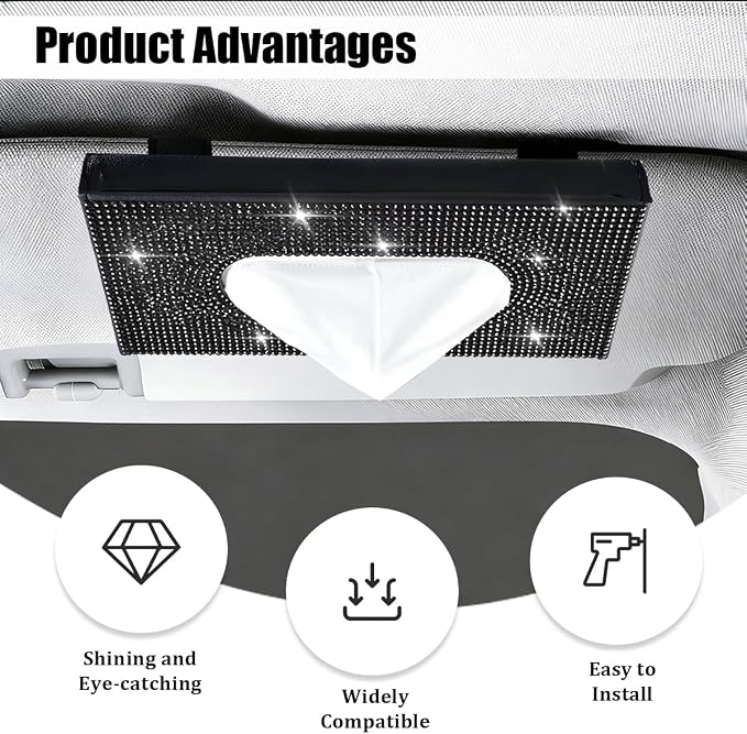 Bling Car Visor Tissue Holder, Shiny Rhinestone Leather Sun Visor Napkin Mask Case Holder Clip, Diamond AUT Paper Tissue Towel Box Dispenser, Universal Fit (Black)