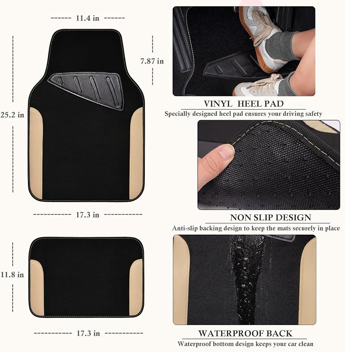 CAR PASS Waterproof Car Floor Mat, Universal Fit Car Mats with Driver Heel Pad, Leather Car Carpet, Anti-Slip Nibbed Backing Floor Mats for SUV, Vans,Sedan,Truck, Automotive Floor Mats (Black Beige)