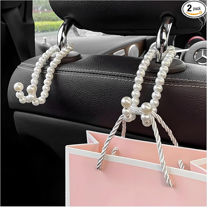 2 PCS Elegant Pearl Car Seat Headrest Hook, Strong Load-Bearing Vehicle Back Seat Hanger Cute Pearl Hook, Auto Decorative Headrest Storage Hanger for Purse Handbag Grocery Bag