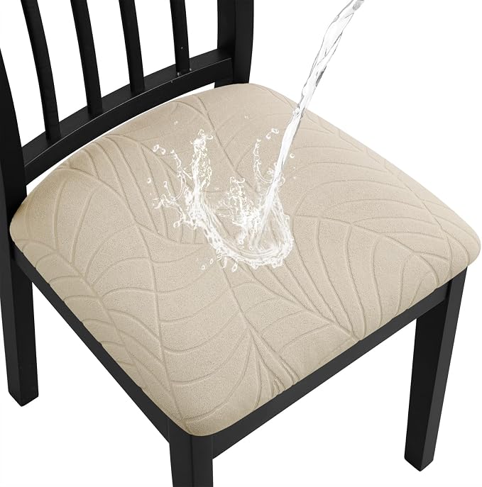 Fuloon Waterproof Chair Seat Covers 6 PCS, Stretch Cushion Covers Washable Dining Room Seat Slipcover Removable Kitchen Chair Protector (6, Cream)