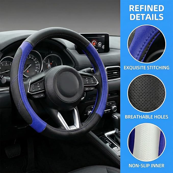 Osilly Car Steering Wheel Cover, 14.5-15" Leather Breathable Anti-Slip Stylish Steering Wheel Protector, Comfortable Auto Interior Decoration Accessories, Universal for SUV Van Truck (Black Blue)