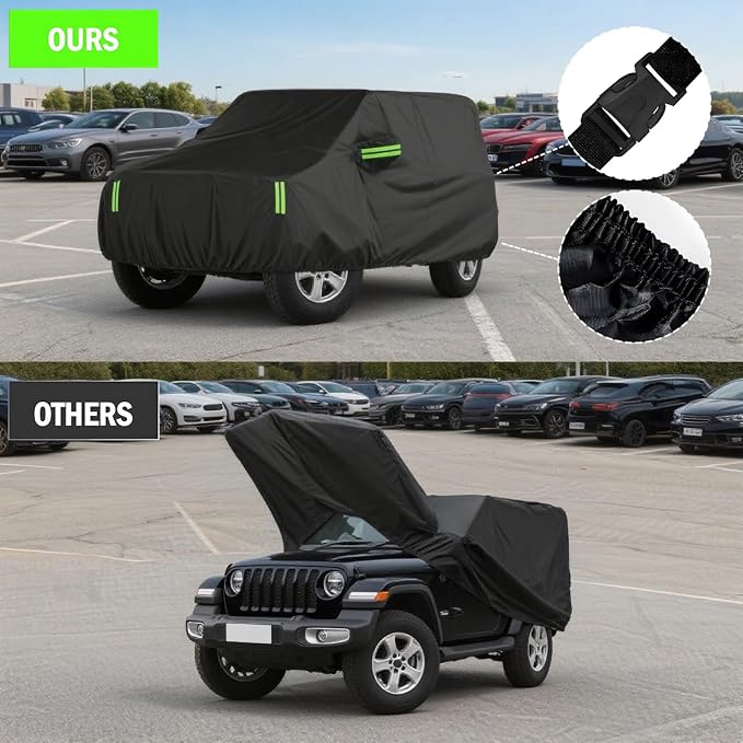 Waterproof Car Cover for Jeep Wrangler 4 Door 2006-2025 JK JL Outdoor Waterproof Sun Rain Snow Hail Protection with Driver Door Zipper