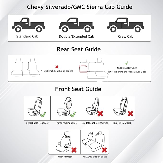 Huidasource Fit for Truck Seat Covers Chevy Silverado/GMC Sierra, Chevrolet Seat Covers, 1500 2007-2013&2019-2026, 2500HD 3500HD 2020-2026 Crew Double Extended Cab, Thickened Nappa Leather Black&White