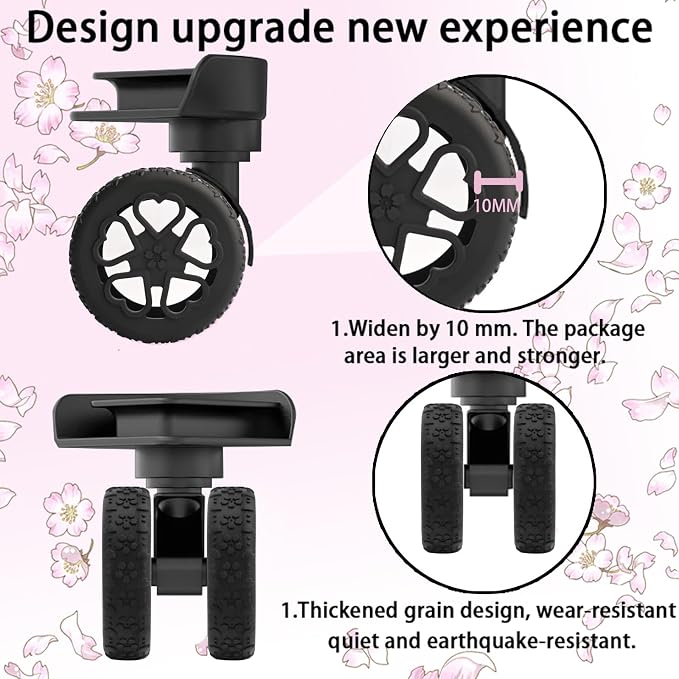 Luggage Wheel Protector, 8PCS Sakura Love Design - Premium Silicone Protectors for 2-2.4" Spinner Wheels Anti-Slip, Ultra-Quiet & Wear-Resistant Travel Accessories (Black)
