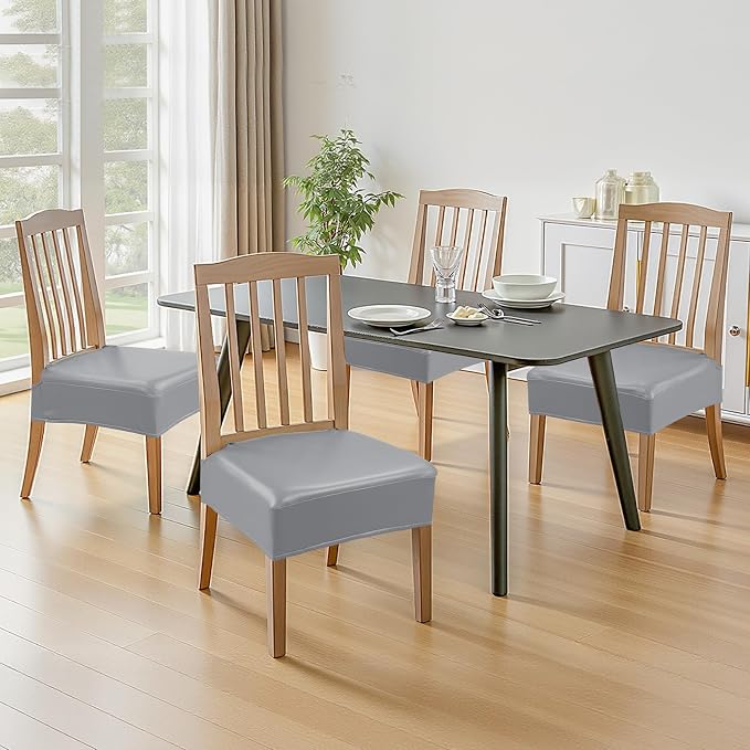 Waterproof Dining Chair Seat Covers Leather Kitchen Seat Covers, Stain Resistant Stretch Chair Seat Covers for Dining Room Chairs Set of 6, Rear Covered Washable Dining Chair Covers Gray