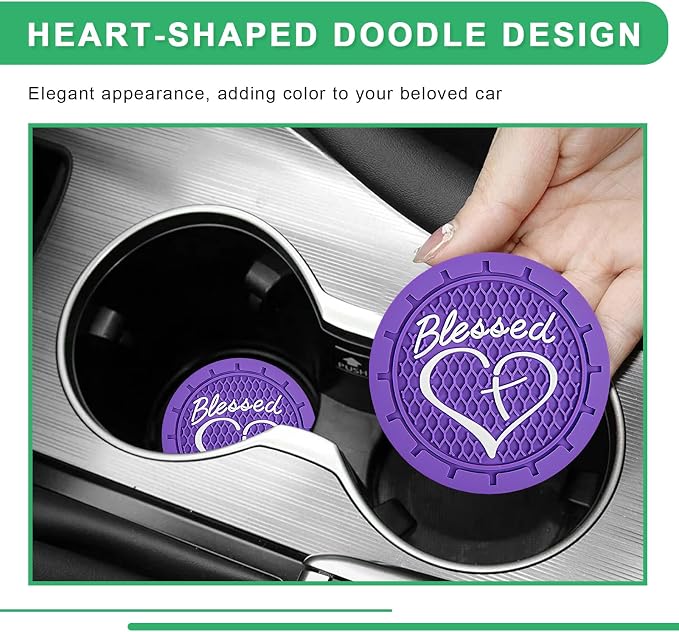 2 PCS Car Cup Holder Coaster, 2.76 Inch Non-Slip Auto Drink Mats with Blessed Cross and Heart, Shockproof Christian Cup Insert Coaster for Most Vehicles, Car Accessories (Dark Purple)