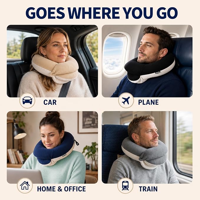 BUYUE Travel Neck Pillows for Airplanes, Memory Foam 360° Head Support Sleep for Long Flight, Skin-Friendly & Breathable, Kit with Eye Mask, Earplugs and Storage Bag (Adult, Beige, 90+ lbs)