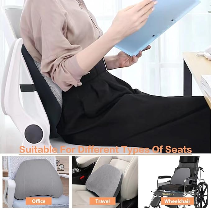 Super Comfy Lumbar Support Pillow, Car Seat Back Support Pillow for Driving | Adjustable Strap, 100% Memory Foam & Breathable Removable Cover, Ergonomic Design - Softness Back Support Pillow(Gray)
