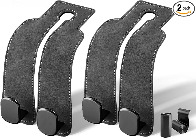 Suede Leather Headrest Hooks for Car, 2 Pack Double Seat Back Organizer Hooks for Purses & Bags, Heavy Duty Metal Car Purse Holder for Handbags, Grocery Bags, Universal Vehicle Storage Accessories
