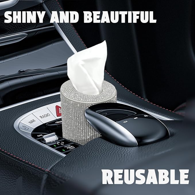 Bling Car Tissue Holder for Cup Holder – Sparkly Rhinestone Round Tissue Dispenser with 1 Pack Tissues – Fits Standard Auto Cup Holders – Stylish Car Interior Accessory for Women