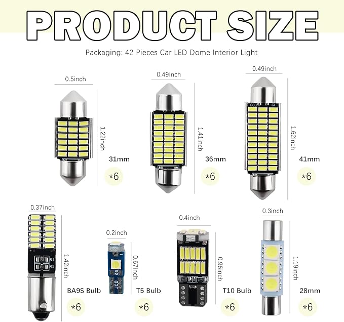 42PCS Upgrade LED Dome Light Bulb Kit,6000K White 12V LED Car Lights Interior Kit with 28mm/31mm/36mm/41mm/BA9S/T5/T10,Plug & Play Dome Light for Car Door/Trunk/License Plate