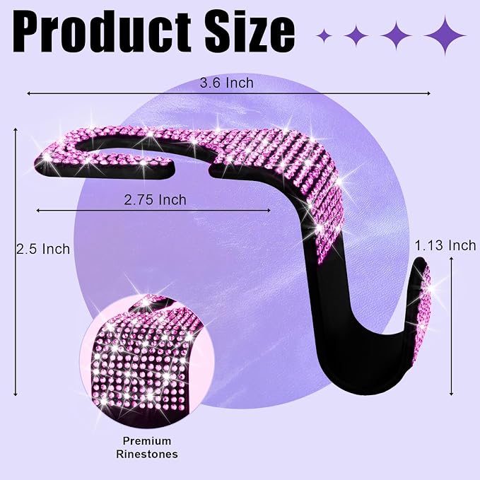 BFXM 6 Pack Bling Car Seat Headrest Hooks, Rhinestone Purse Hook for Car, Universal Storage Organizer for Handbag Grocery Bags Coats, Bling Car Accessories for Women (Bling Pink)