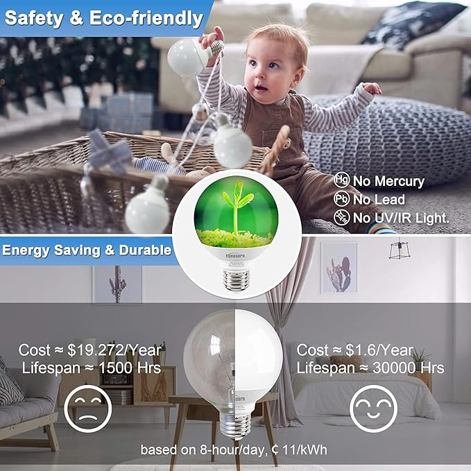 Honesorn Bathroom Light Bulbs E26 Base, 60 Watt Equivalent, 5000K Daylight, Vanity LED Globe Light Bulbs for Bathroom, G25 Round Light Bulbs for Vanity Mirror, CRI85+ 500LM, 120V, Non-dimmable, 4 Pack