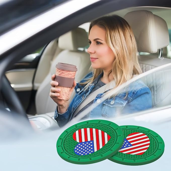 AUCELI 2 Pack Car Cup Holder Coasters, Colored American Flag US Flag Insert Car Cup Coaster, 2.75 Inch Anti Slip Shockproof Embedded Drink Mat, Vehicle Interior Decor Accessories