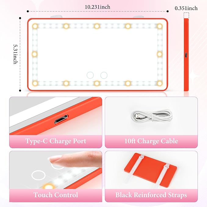 SINGARO 2PCS Car Sun Visor Vanity Mirror - Rechargeable Makeup Mirror with 60 LEDs, 3 Light Modes & Dimmable Touch Control for Cars, Trucks, SUVs, Car Interior Accessories for Women (Red)