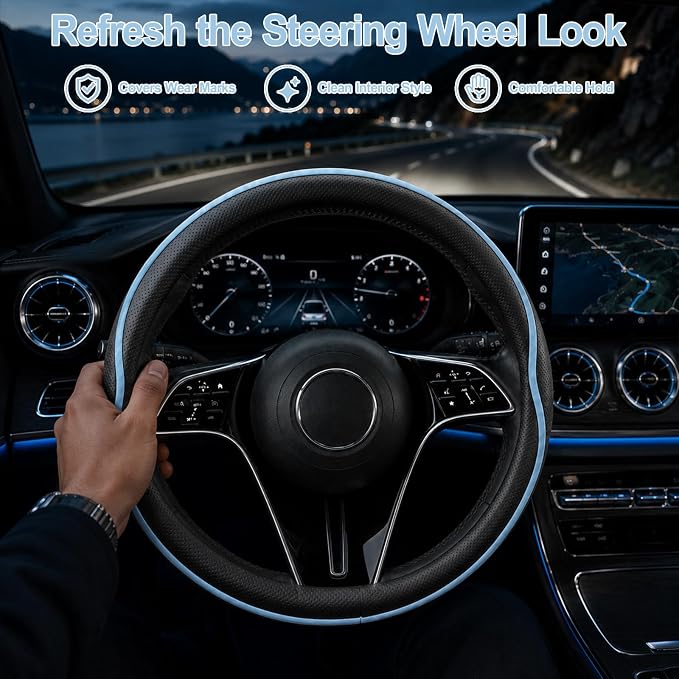 Car Steering Wheel Cover Full Surround - Soft Breathable Anti-Slip Heavyweight Safety Cover, Thick Cushioned Sports Style Universal Fit for Auto Truck SUV (Black/Sky Blue)