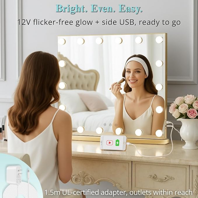 LUXFURNI Vanity Mirror with Lights, 23.6" Hollywood Makeup Mirror Gold | 18 Surround LED Bulbs, 360° Shadow-Free Lighting, 3 Color Modes, USB Charging, Tabletop & Wall Mount for Bedroom Dorm Desk