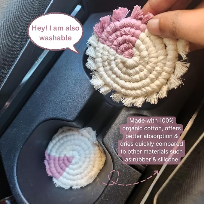 Cotton Car Coasters for Cup Holders, 2PC Car Cup Coasters, Drink Coaster Holder, Cute cupholder Coaster Accessories for Women, Macrame, Boho (Blush Blossom)