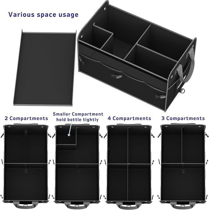EPAuto Car Trunk Organizer with Lid & Adjustable Multi Compartment for SUV | with Side Pockets and Securing Straps, Foldable