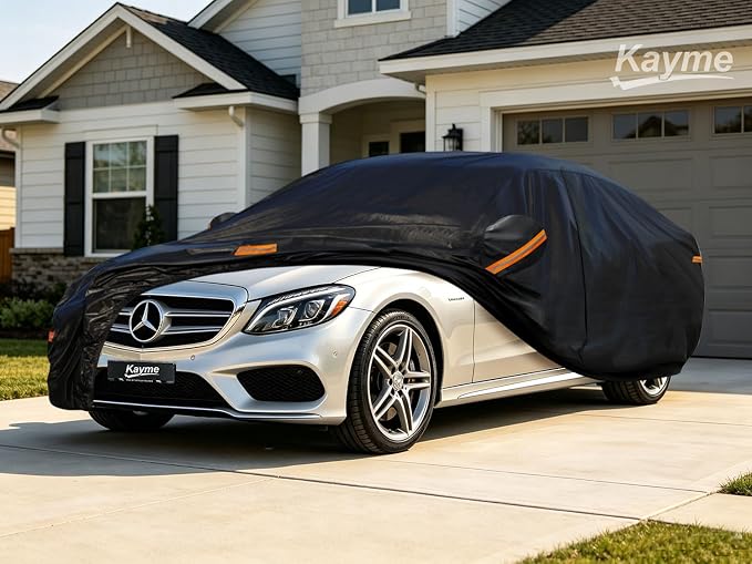 Kayme 7 Layers Sedan Car Cover Custom Fit for Mercedes Benz C Class, C300 C350 C400 C450 C43 C63 (2008-2026), Waterproof All Weather for Automobiles,Rain Sun UV Protection.Black