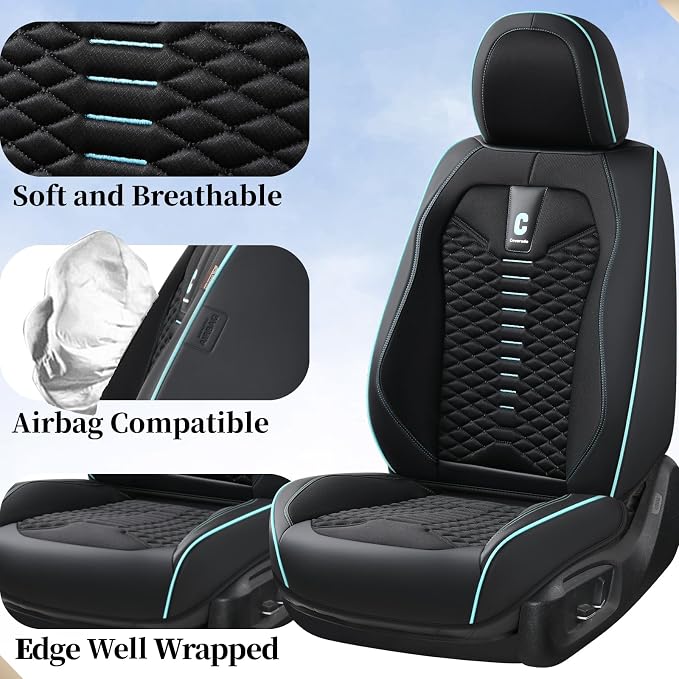 Coverado Car Seat Covers Full Set, 5 Seats Universal Seat Covers for Cars, Breathable Fabric Faux Leather Auto Seat Cushions, Front and Rear Seat Protectors Fit for Most Cars, Black& Blueline