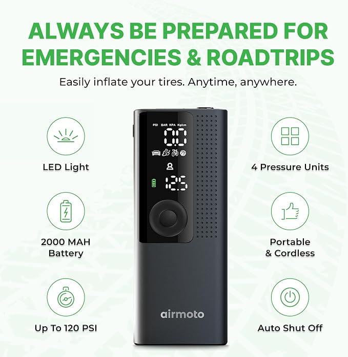 Airmoto Tire Inflator Portable Air Compressor - Air Pump For Car Tires with Digital Pressure Gauge, LED Light and Auto Shut-Off Function - Cordless Pump for Car, Motorcycle, Bicycle, Ball