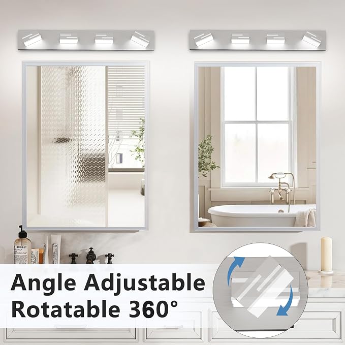 LED Modern Bathroom Vanity Light Fixtures, Dimmable Brushed Nickel Vanity Lights for Bathroom Lighting Fixtures Over Mirror, with 360° Rotatable Acrylic Heads 4-Light 30-inch (Cool White 6000K)