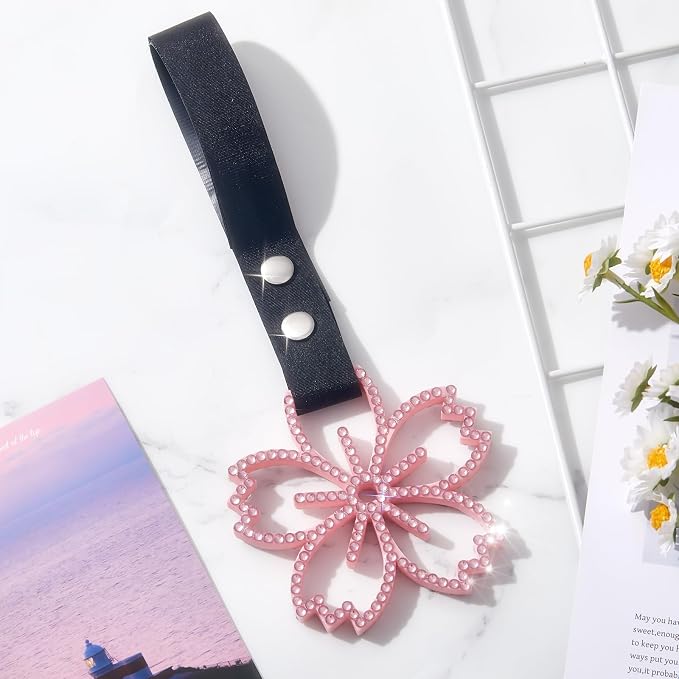 Fabbay Cherry Blossoms Car Handle Strap Drift Charm Car Accessories Bling Handle Ring for Women Rear Bumper Warning Ring Decor for Auto Bus Interior Exterior Decoration (Pink, Sakura Style)